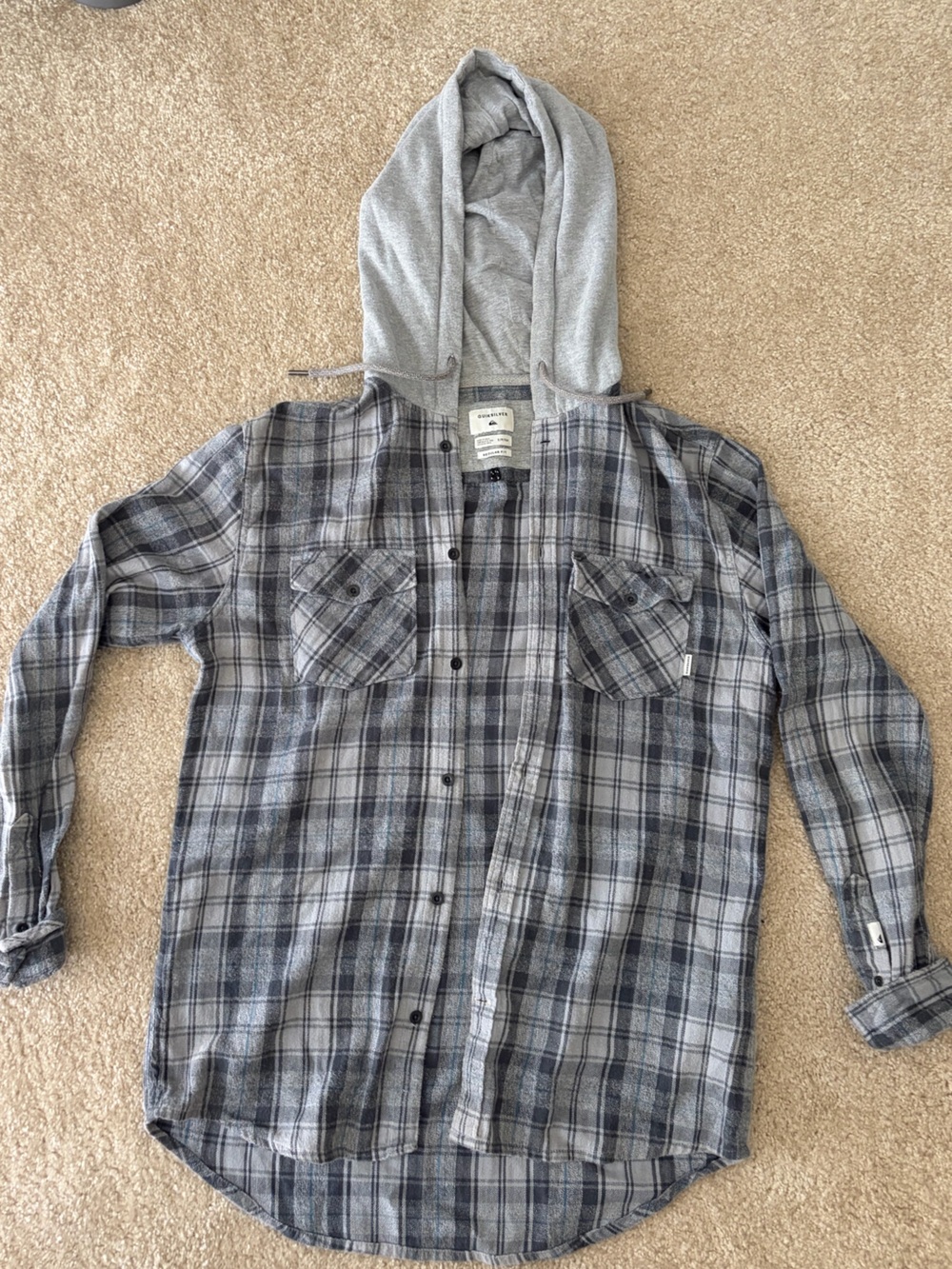 Quiksilver Gray and Black Plaid Hooded Button-Down Shirt